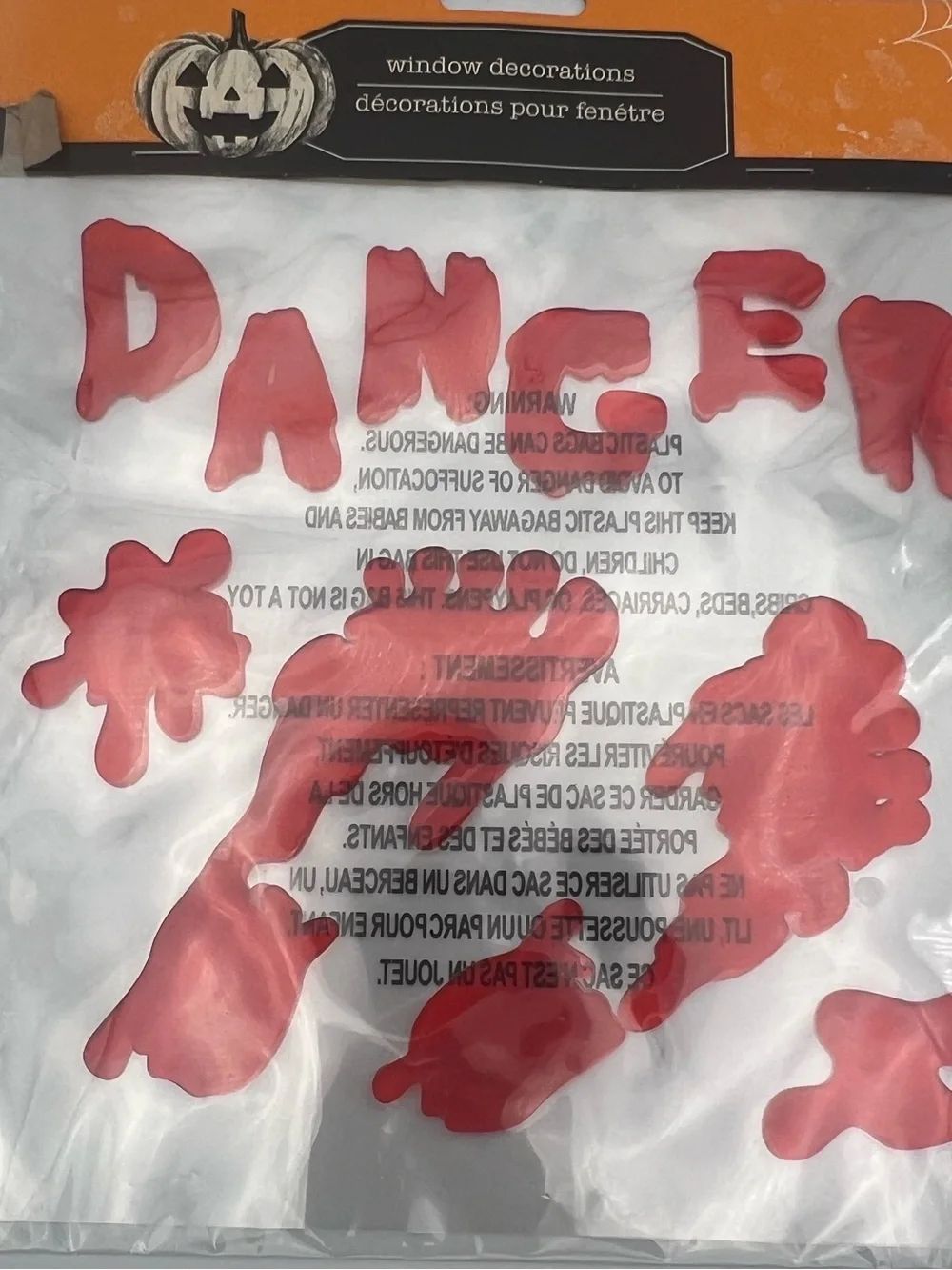 Halloween Window Clings - Red 'Danger' Lettering & Splatter Set